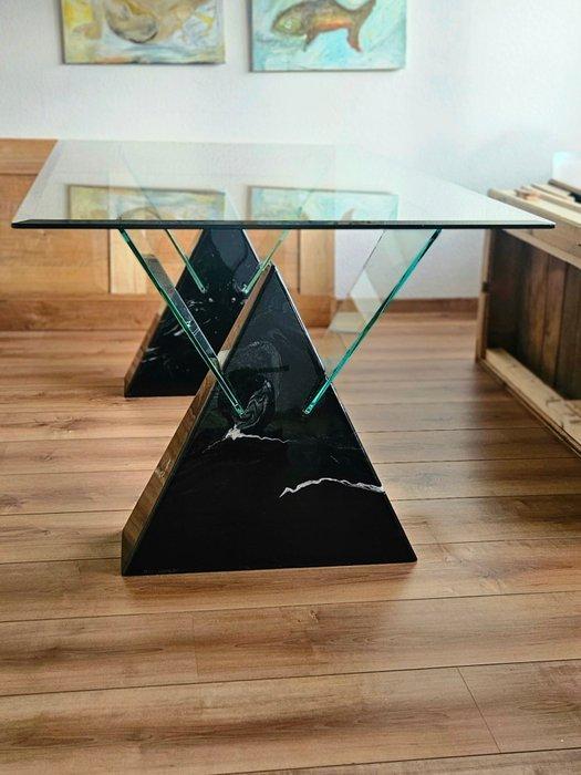 Eettafel - Glas, Marmer - Zware glazen plaat met twee, Antiek en Kunst, Kunst | Designobjecten
