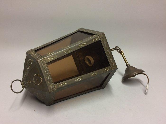 Lamp - Verbronsd messing armatuur met glas, Antiek en Kunst, Curiosa en Brocante