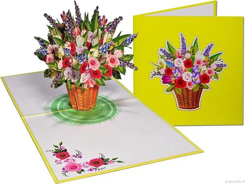 Gemengd boeket bloemen in rieten mand pop-up kaart, Diversen, Wenskaarten, Verzenden