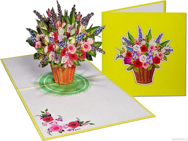 Gemengd boeket bloemen in rieten mand pop-up kaart, Diversen, Wenskaarten, Verzenden