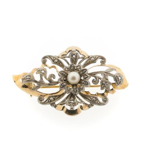 18 Krt. Antiek gouden broche met parel en diamanten | Vic..., Sieraden, Tassen en Uiterlijk, Broches, Overige kleuren, Gebruikt
