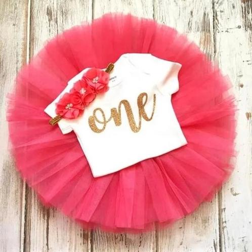 3-delig 1e verjaardag setje koraal rood and wit Elegant Flow, Kinderen en Baby's, Babykleding | Maat 80, Jurkje of Rokje, Meisje