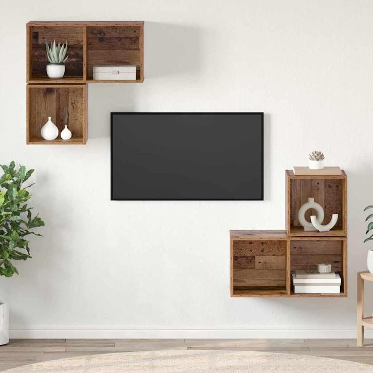 vidaXL Tv-meubelset Wandgemonteerd 4 pcs Oud Hout Bewerkt, Huis en Inrichting, Kasten | Televisiemeubels, Nieuw, Minder dan 50 cm