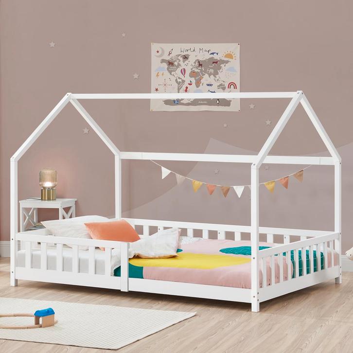 Kinderbed Hesel huisbed met uitvalbeveiliging 90x200 cm wit, Kinderen en Baby's, Kinderkamer | Bedden, Verzenden