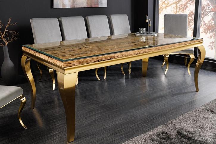 Design eettafel MODERN BAROK 200cm naturel goud teakhouten, Huis en Inrichting, Tafels | Eettafels, Ophalen of Verzenden