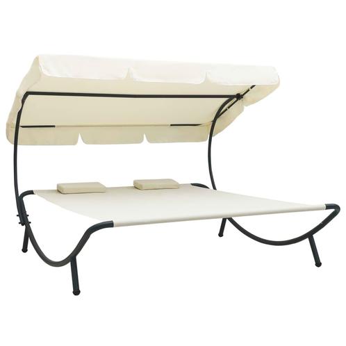 vidaXL Loungebed met luifel en kussens crèmewit, Tuin en Terras, Ligbedden, Nieuw, Verzenden