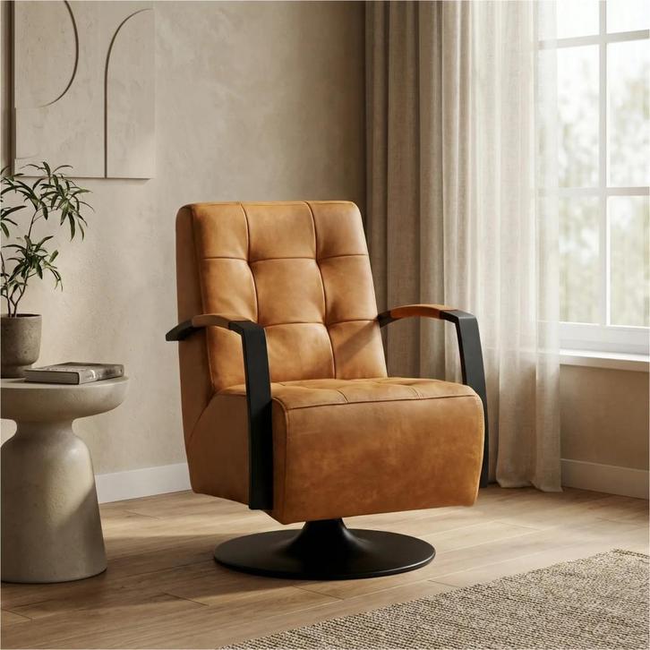 Leren draaifauteuil Mind - Kenia Cognac (cognac) -, Huis en Inrichting, Fauteuils, 50 tot 75 cm, 75 tot 100 cm, Nieuw, Leer, Ophalen of Verzenden