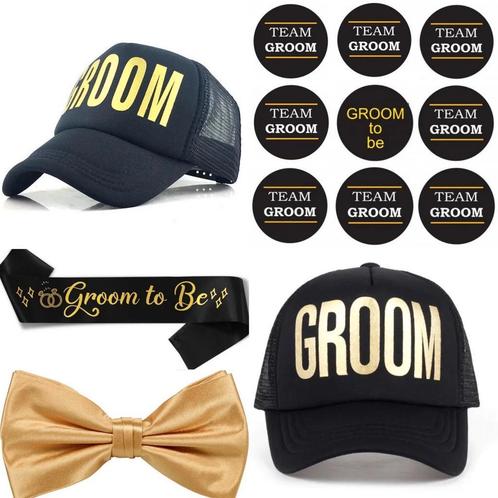 Groom to Be set met cap, sjerp, dasstrik en 9 buttons zwart, Kleding | Heren, Trouwkleding en Trouwaccessoires, Zwart, Nieuw, Accessoires