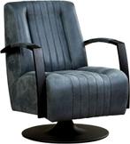 Blauwe leren industriële draaifauteuil - staal zwart frame m, Nieuw, Ophalen of Verzenden, Modern, 50 tot 75 cm