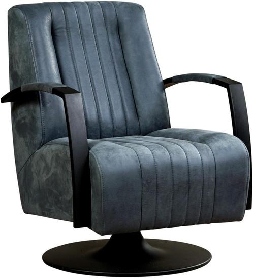 Blauwe leren industriële draaifauteuil - staal zwart frame m, Huis en Inrichting, Fauteuils, 50 tot 75 cm, 75 tot 100 cm, Nieuw