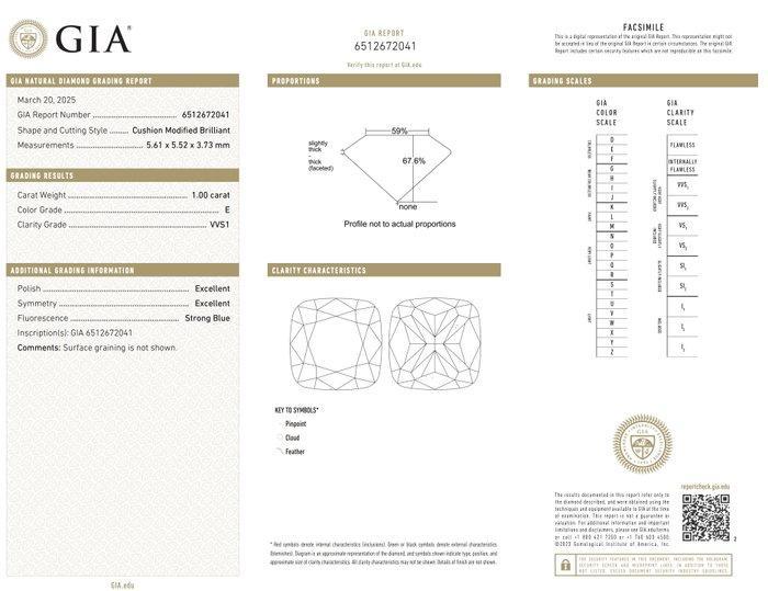 1 pcs Diamant (Natuurlijk) - 1.00 ct - Cushion - E - VVS1 -, Sieraden, Tassen en Uiterlijk, Edelstenen