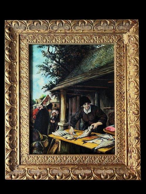 École hollandaise (XX) - Le vendeur de poisson, Antiek en Kunst, Kunst | Schilderijen | Klassiek