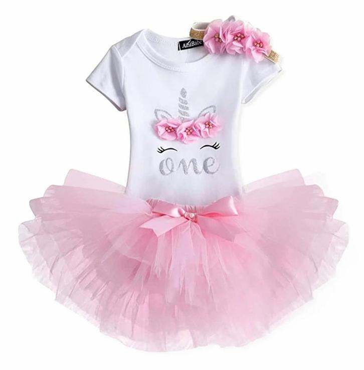 3-delige 1e verjaardag set One Unicorn Silver, Kinderen en Baby's, Babykleding | Maat 80, Jurkje of Rokje, Meisje, Nieuw, Verzenden