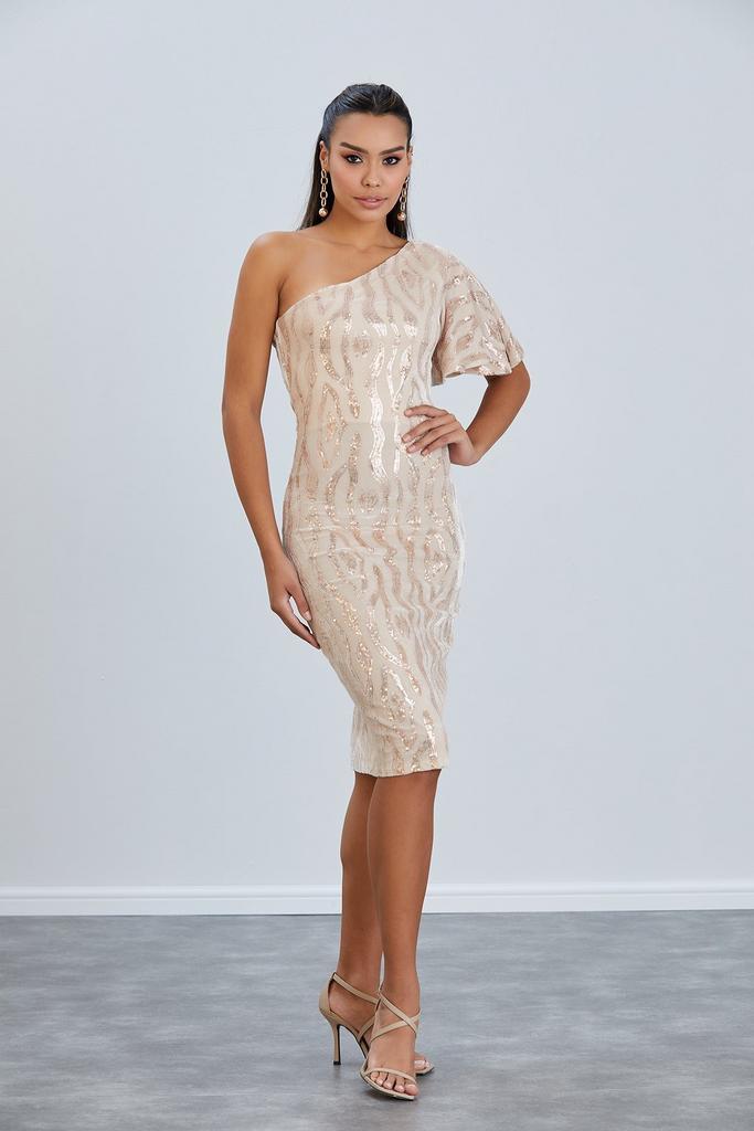 One Shoulder Angel Sleeve Midi Velvet Dress in Sequin Print, Kleding | Dames, Jurken, Nieuw, Verzenden