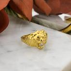 18 Krt. Gouden ring met leeuwenkop | Zirconia (unisex ring), Sieraden, Tassen en Uiterlijk, Ringen, Gebruikt, Overige kleuren
