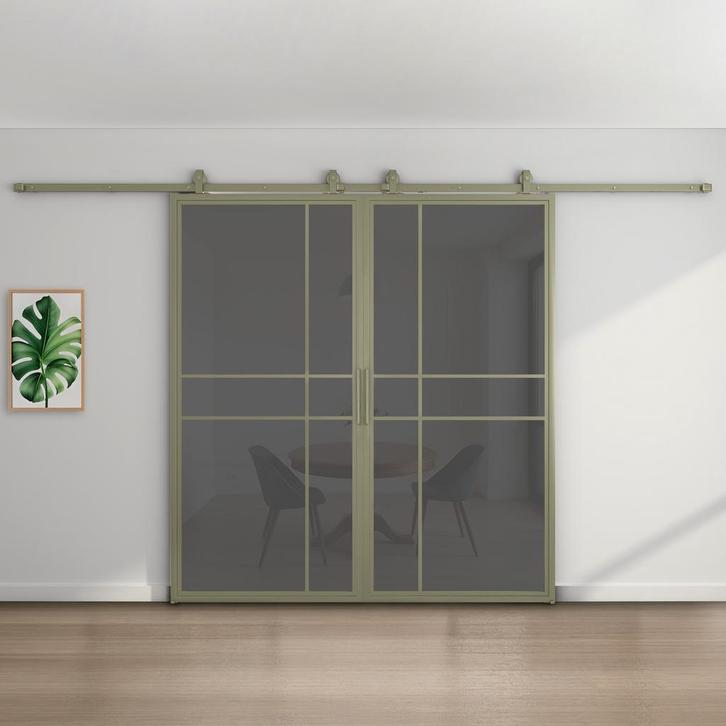 Dubbele stalen schuifdeur 6 Vlaks Olijfgroen Rook glas Luxe, Doe-het-zelf en Verbouw, Kozijnen en Schuifpuien, Inclusief glas