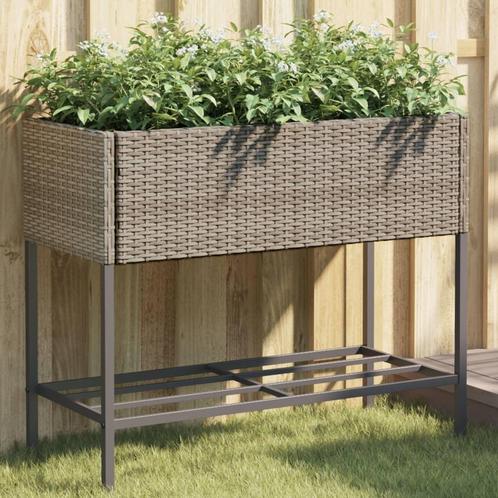 vidaXL Plantenbak met schap poly rattan grijs, Tuin en Terras, Bloembakken en Plantenbakken, Nieuw, Kunststof, Verzenden