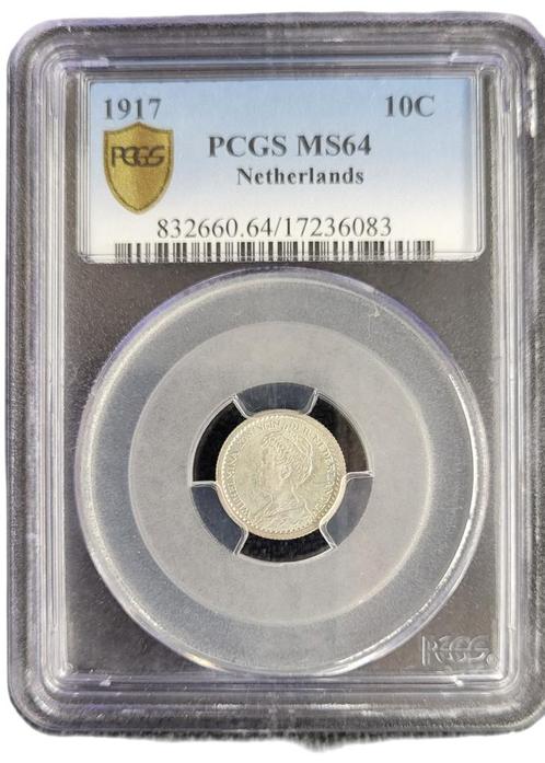 Koningin Wilhelmina 10 cent 1917 PCGS MS64 gecertificeerd, Postzegels en Munten, Munten | Nederland, Losse munt, Zilver, Verzenden