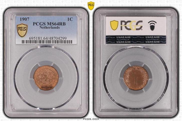 Koningin Wilhelmina 1 cent 1907 MS64 RB PCGS gecertificeerd, Postzegels en Munten, Munten | Nederland, Losse munt, 1 cent, Koningin Wilhelmina