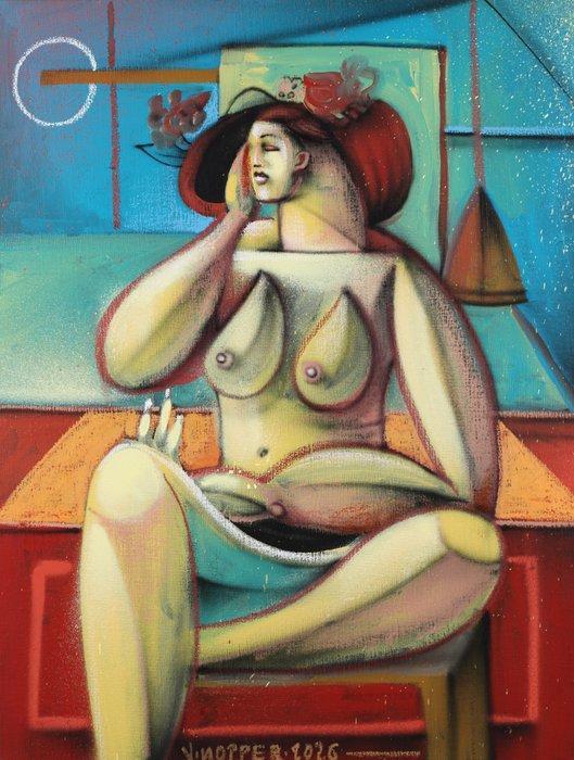 Jone Hopper - Muse assise sur une chaise, Antiek en Kunst, Kunst | Schilderijen | Modern