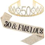 50 & Fabolous set met diadeem en sjerp deLuxe goud glitter, Hobby en Vrije tijd, Feestartikelen, Nieuw, Versiering, Abraham of Sarah
