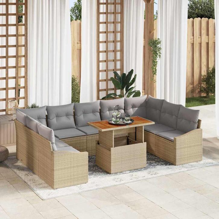 vidaXL Tuin Eetset met kussen 10 pcs Beige en Grijs 100 x 55, Tuin en Terras, Tuinsets en Loungesets, Nieuw, Rotan, Verzenden