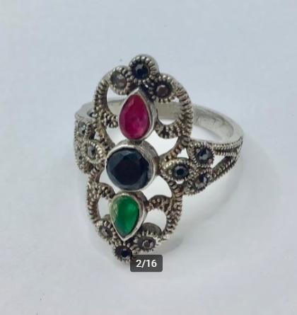 Vintage ring 925 zilver gemerkt Robijn marcasieten Onyx etc, Sieraden, Tassen en Uiterlijk, Antieke sieraden, Ring, Overige materialen
