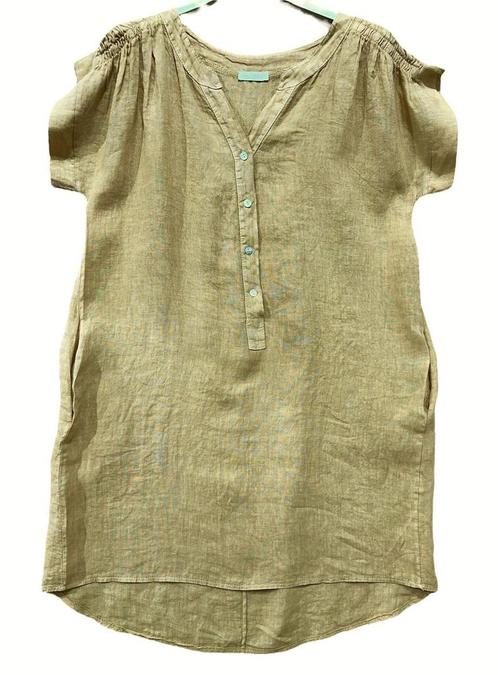 Luchtige linnen jurk- kleur CAMEL - korte raglan mouwen -, Kleding | Dames, Jurken
