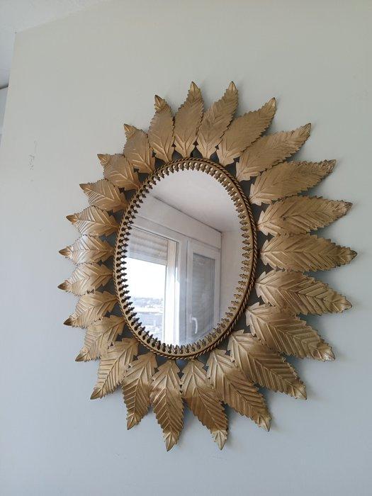 Wandspiegel - Kristal, Metaal - Gouden zon met bladeren, Huis en Inrichting, Overige Huis en Inrichting
