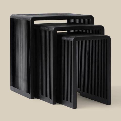 *WOONWINKEL* Bijzettafel Set Latjes Zwart Teak, Huis en Inrichting, Tafels | Bijzettafels, Nieuw, Verzenden