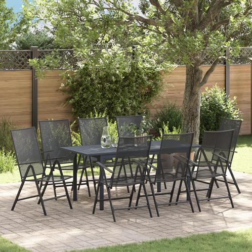 vidaXL Tuin Eetset 9 pcs Zwart Groot Metaal & Stof, Tuin en Terras, Tuinsets en Loungesets, Nieuw, Verzenden