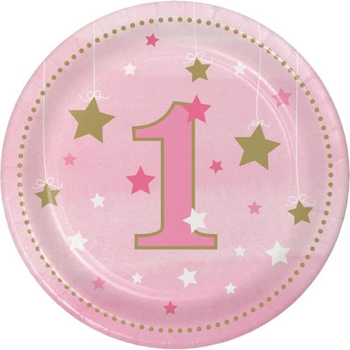 Roze Borden 1 Jaar Sterren 18cm 8st, Hobby en Vrije tijd, Feestartikelen, Nieuw, Verzenden