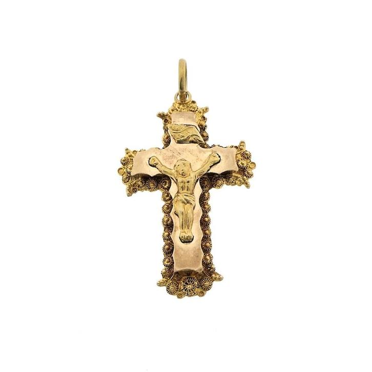 Antiek gouden hanger van een kruis met corpus; INRI, Sieraden, Tassen en Uiterlijk, Bedels, Gebruikt, Overige merken, Goud, Ophalen of Verzenden