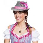 Grijze Oktoberfest tiroler dameshoed met roze band - Tirol.., Verzenden, Nieuw
