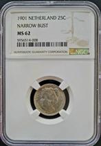 Koningin Wilhelmina 25 cent 1901 Smalle Hals MS62 NGC, Verzenden, Zilver, 25 cent, Koningin Wilhelmina