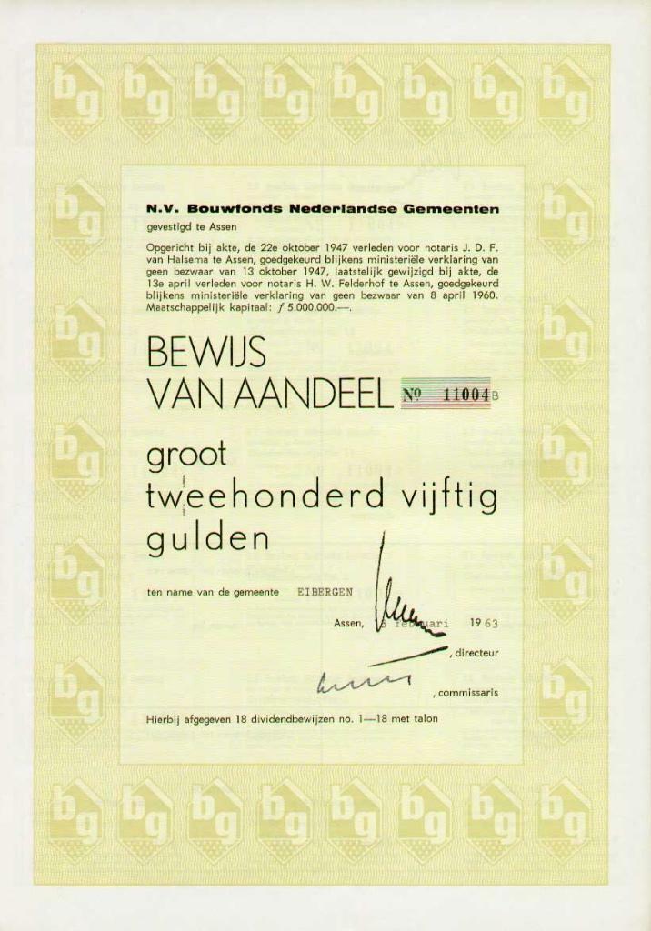Bouwfonds Nederlanse Gemeenten, aandeel uit 1963, Postzegels en Munten, Aandelen en Waardepapieren, Aandeel, 1950 tot 1970, Ophalen of Verzenden