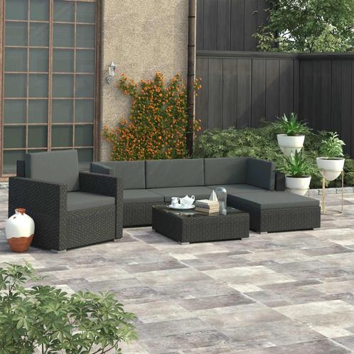 vidaXL 6-delige Loungeset met kussens poly rattan zwart, Tuin en Terras, Tuinsets en Loungesets, Loungeset, Nieuw, 6 zitplaatsen
