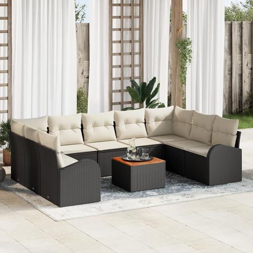 vidaXL Tuin Sofa Set 10 pcs Zwart, wit Medium Riet, Hout,, Tuin en Terras, Tuinsets en Loungesets, Nieuw, Rotan, Verzenden