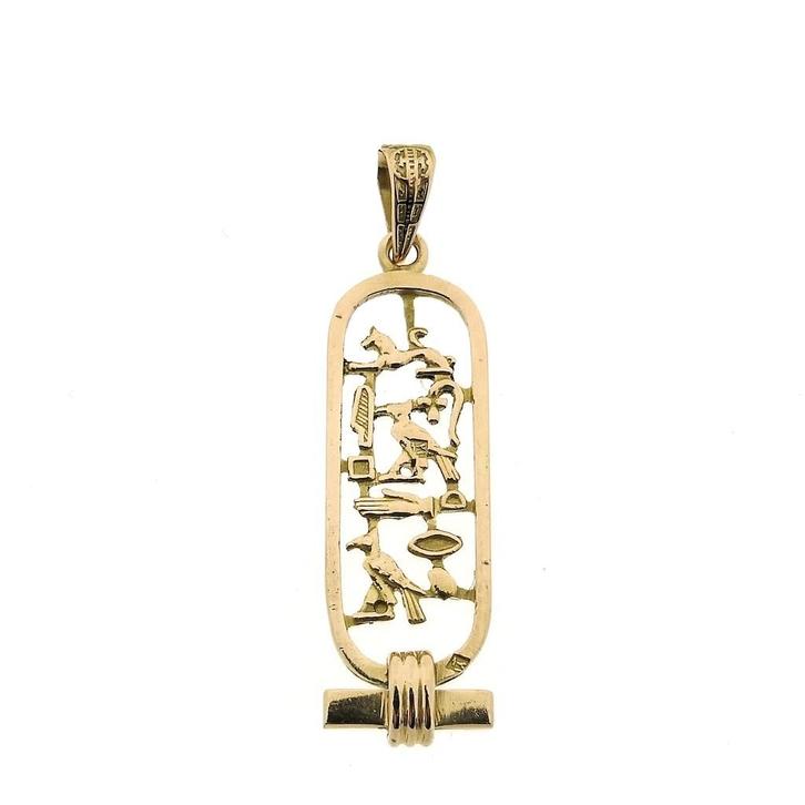 Gouden Egyptische cartouche hanger (Hanger of bedel), Sieraden, Tassen en Uiterlijk, Bedels, Gebruikt, Overige merken, Goud, Ophalen of Verzenden