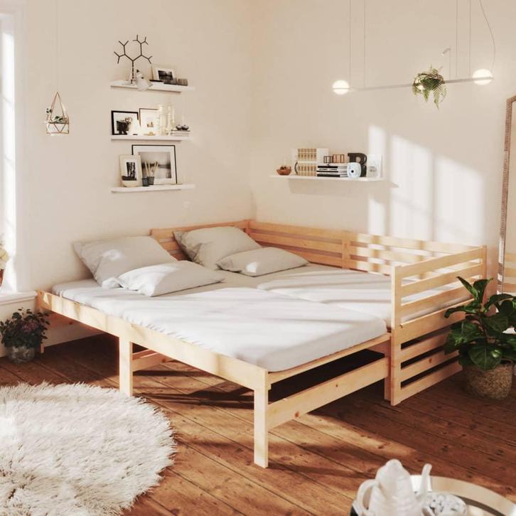vidaXL Slaapbank uitschuifbaar massief grenenhout 2x(90x200), Huis en Inrichting, Slaapkamer | Bedden, 90 cm, 200 cm, Bruin, Eenpersoons
