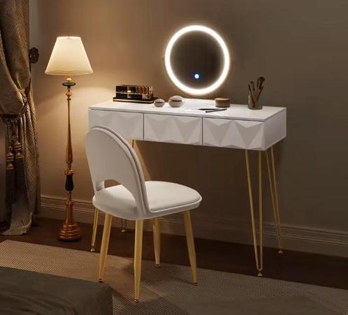 Kaptafel met LED-Spiegel en Stoel – 3 Lades, Wit en Goud, Huis en Inrichting, Tafels | Kaptafels, Nieuw, Verzenden