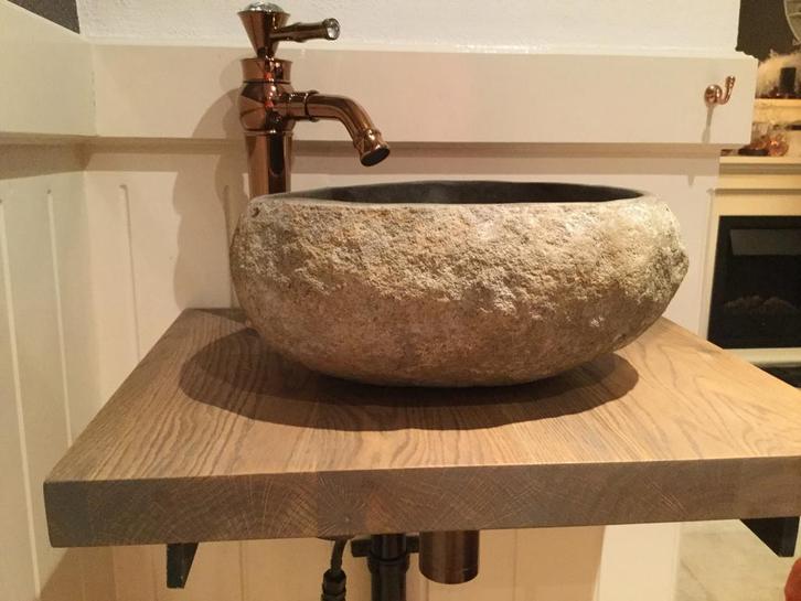 Riverstone Waskom | Uniek Natuursteen | Grijs | Teakea, Doe-het-zelf en Verbouw, Sanitair, Nieuw, Steen, Toilet, Verzenden