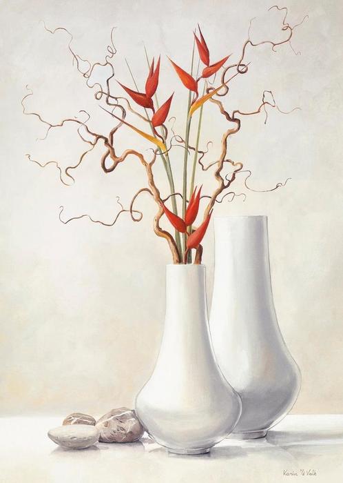 Kunstdruk Karin Van der Valk - Willow Twigs with Red Flowers, Huis en Inrichting, Woonaccessoires | Schilderijen, Tekeningen en Foto's