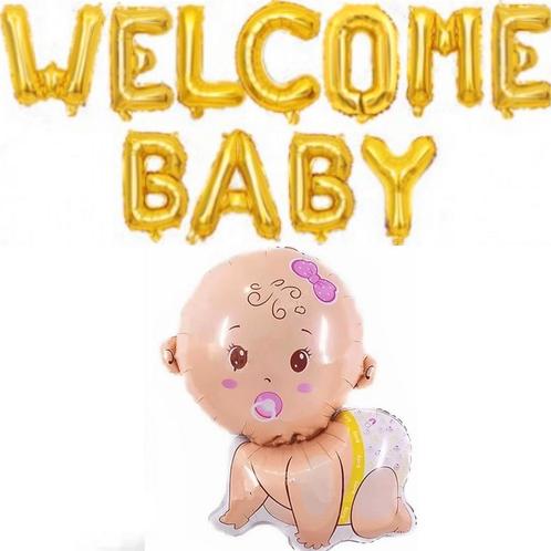 Welcome Baby folie ballonnen set goud met kruipende baby, Kinderen en Baby's, Kraamcadeaus en Geboorteborden, Geboortebord, Nieuw