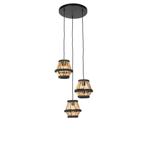 Oosterse hanglamp bamboe met zwart rond 3-lichts - Evalin, Huis en Inrichting, Lampen | Hanglampen, Nieuw, 75 cm of meer