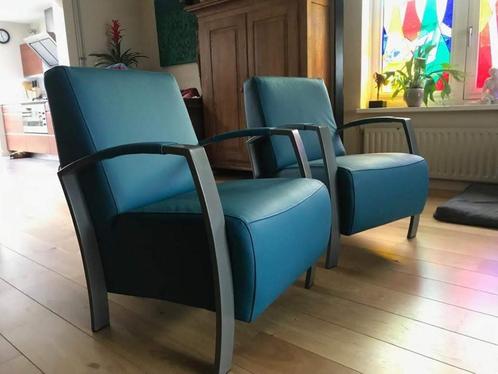 leren fauteuils met stalen frame - blauw leer - Echt leer,, Huis en Inrichting, Fauteuils, 50 tot 75 cm, 75 tot 100 cm, Nieuw