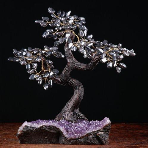Bonsai Boom met Amethist Drusa en Glanzende Hematiet, Verzamelen, Mineralen en Fossielen