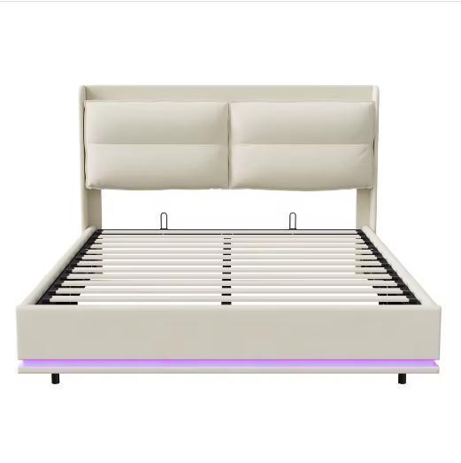Beige Tweepersoonsbed 140x200cm met Opbergruimte, LED en USB, Huis en Inrichting, Slaapkamer | Bedden, Nieuw, Verzenden