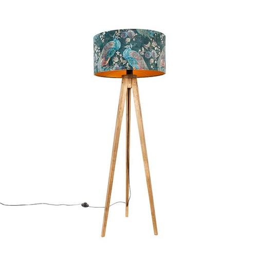 Tripod vintage hout met kap pauw groen 50 cm - Tripod, Huis en Inrichting, Lampen | Vloerlampen, Nieuw, Overige materialen, 100 tot 150 cm