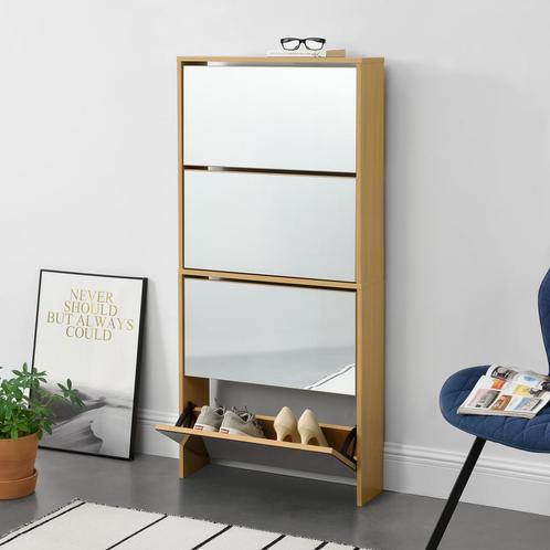 Schoenenkast met spiegels 4 vouwdeuren 134x63x17 cm beuken, Huis en Inrichting, Kasten | Schoenenkasten, Verzenden